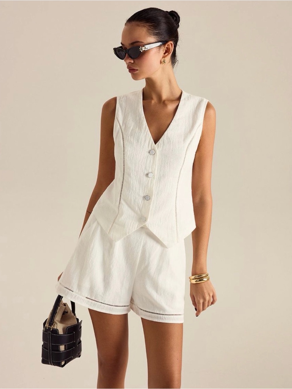 Commense Cotton Button Detail Vest Top with Pockets Short Set
